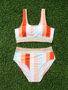 Tween Girl Colorblock Tape Detail Bikini Set Summer Beach - Orange - View 5