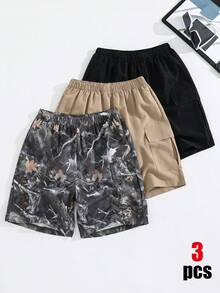SHEIN 3件套买二送一 男童休闲宽松工装短裤，黑色，卡其色运动套装，Y2K风格，SS26春夏款，夏季短裤，适合春夏、外出、情人节、约会、旅行、度假、家庭聚会、返校、婚礼、晚宴、运动、生日派对等场合 - 彩色 - 查看 4