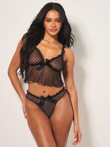 MISSGUIDED Sheer Mesh Polka Dot Lingerie Set With Matching Cheeky Panties Black Intimate Babydoll Style - Black - View 3