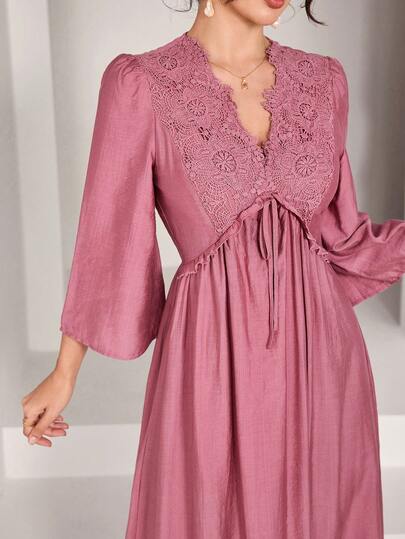 Al Najma V-Neck Lace Patchwork Bell Sleeve Pink Dress