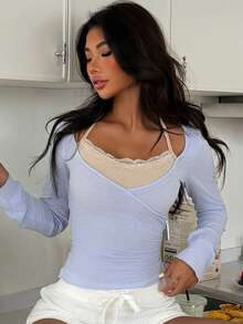 DAZY Women's Contrast Color Lace Patchwork 2 In 1 Long Sleeve Sleepwear Top Pajamas - Blue - View 3