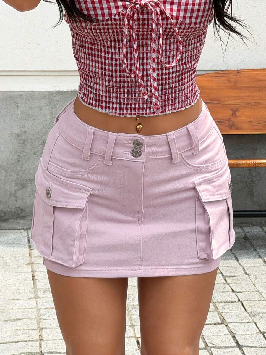 SHEIN PETITE 女款甜美時尚工裝口袋鈕扣牛仔迷你裙，適合嬌小女性 - 淡紫色 - 查看 1