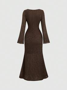 Sweetra Vestido de manga larga con cuello cuadrado de unicolor, nuevo vestido sexy con cordones de primavera/otoño - Café integral - Ver 2