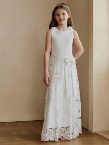 Anewsta Vestido de verano para niñas con chaleco blanco de unicolor con parches de encaje y lazo - Blanco - Ver 6