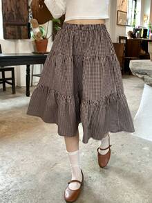 DAZY Women's Plaid Skirt, Fresh Korean Style, Suitable For Spring And Summer - Coffee Brown - View 7