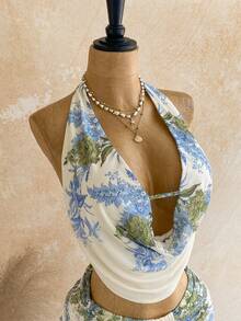 Soleia New Back To School Casual Vacation Western Beach Wedding Guest Outfit Graduation Brunch Women's Clothing St. Patrick's Day Spring Break Easter Music Festival Elegant Bohemian Tropical Elegant Mesh Print Sexy Deep V Cowl Neck Metal Decor Elegant Women's Outfit Women's 2-Piece Set - Multicolor - View 3