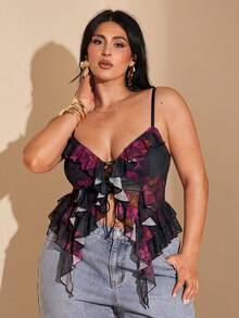 SHEIN BAE Women's Plus Size Romantic Rose Floral Print Camisole Top - Black - View 6
