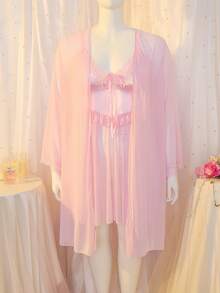 DelicateAllure Sexy Sheer Mesh Robe, Lace Patchwork Satin Mesh Nightgown, Solid Color 2-Piece Sleepwear Set For Plus Size Women - Baby Pink - View 6