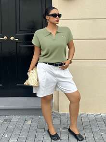 Dazy Plus Plus Size Women Casual Loose Solid Color Half-Placket Short Sleeve Knit Top, Suitable For Spring And Summer Commuting - Mint Green - View 5