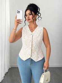 Elenzga Plus Size Women Elegant Lace Single-Breasted Vest - Apricot - View 8