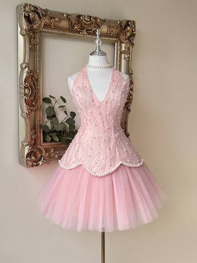 Lovelzi Elegant Luxurious Pink Beaded Embroidered Chiffon Handmade Sequins Decor V-Neck 2 In 1 Maxi Skirt Short Party Dress