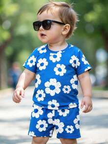春夏两件套：婴幼儿男童休闲碎花短袖T恤和短裤套装，舒适日常穿着 - 彩色 - 查看 3