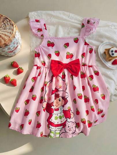 Strawberry Shortcake X SHEIN Vestido con estampado de fresa, decoración de lazo y mangas abullonadas para niña