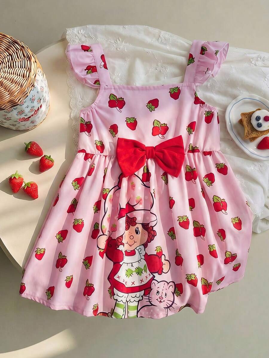 Strawberry Shortcake X SHEIN Young Girl Strawberry Print Dress With Bow Decor And Flutter Sleeves - Pink - View 1