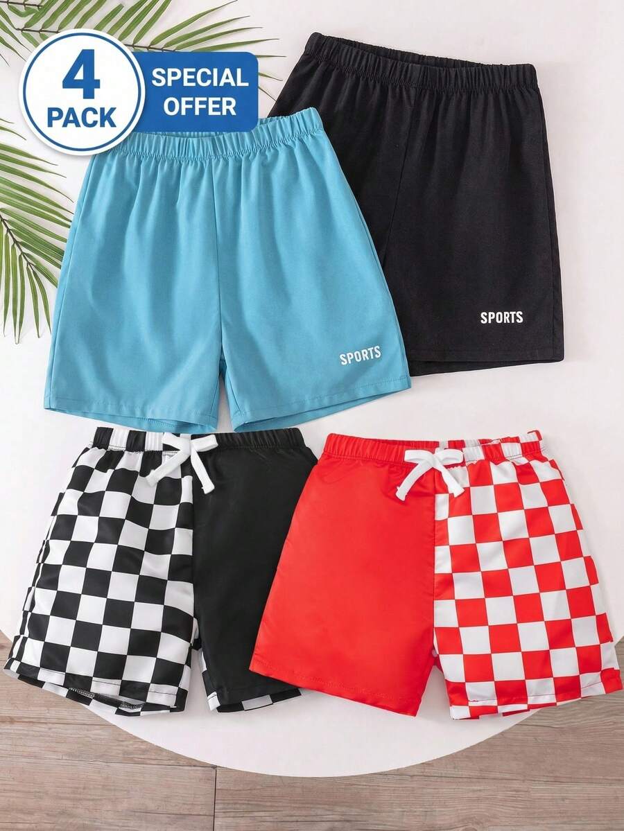 SHEIN Set de 2 bañadores holgados y casuales con estampado a cuadros clásico en blanco y negro para niño, adecuado para vacaciones de primavera/verano y playa - Multicolor - Ver 1