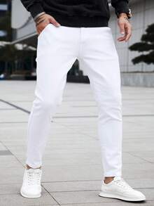 Manfinity Homme 男士修身款牛仔褲，長款洗水淺色裝飾，純白色貨物工作商務休閒美式婚紗 - 白色 - 查看 4