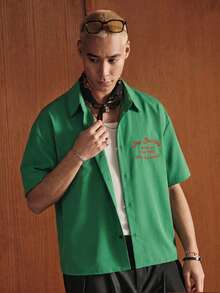SWAVVY Men's Casual Letter Embroidered Shirt, Summer - Green - View 3