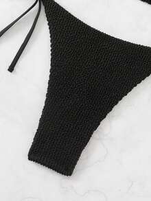 SHEIN Swim 纯色纹理吊带比基尼夏季 - 黑色 - 查看 5