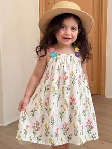 SHEIN Vintaside Kids 女婴彩色花卉丝带拼接条纹A字连衣裙，适合日常休闲和节日场合 - 白色 - 查看 4