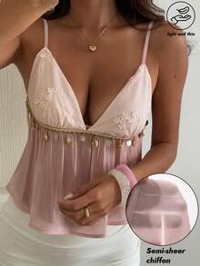 DAZY Blusa elegante de verano sin mangas para vacaciones en la playa con dobladillo floral con flecos de patchwork y escote en V profundo - Rosa - Ver 10