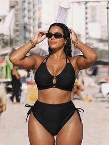Swim Vcay بيكيني مجموعة مع حلقة عنق مجعد مقاس كبير للنساء، مناسب للصيف والشاطئ والمنتجعات والحمامات السباحة - الأسود - مشاهدة 1