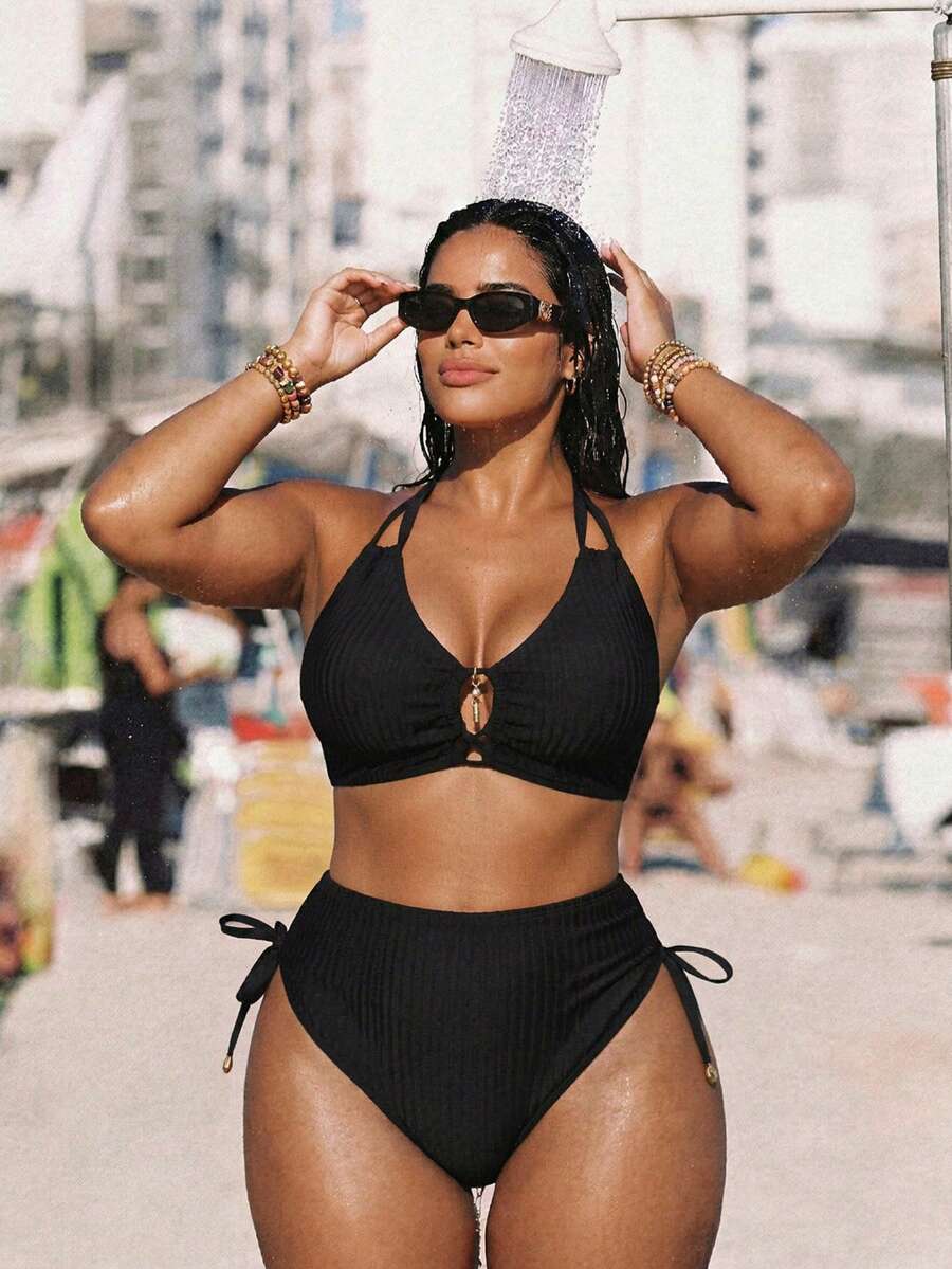 Swim Vcay بيكيني مجموعة مع حلقة عنق مجعد مقاس كبير للنساء، مناسب للصيف والشاطئ والمنتجعات والحمامات السباحة - الأسود - مشاهدة 1