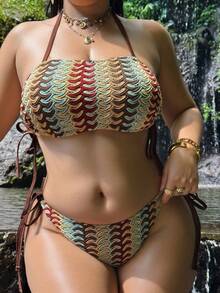 Swim SXY 2026 New Plus Size Women Beach Vacation Braided Strap Baseball Print Top And Side Braided Tie Pants Sexy Swimwear Set - Multicolor - View 5