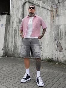 Artur Kramer Pantalones cortos de mezclilla con bolsillos, borde deshilachado y rasgados, de moda para hombres - Gris Claro - Ver 5