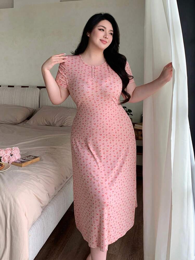 Dazy Plus Plus Size Women's Elegant Long Ditsy Floral Elastic Fitted Nightgown, Spring/Summer, Pink
