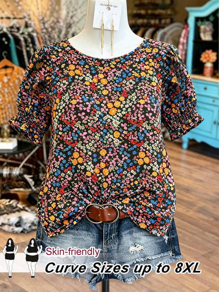 SHEIN CURVE+ 大尺碼女款休閒波希米亞風全印花圓領短袖襯衫 秋季度假郵輪黑色 - 黑色 - 查看 1