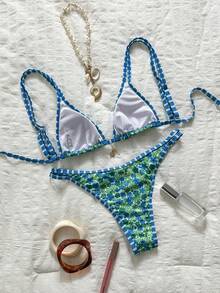 Swim Mod Women's Random Print Bikini Set With Adjustable Shoulder Straps And Metal Decor, Suitable For Spring/Summer - Multicolor - View 3