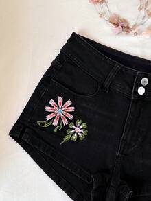 Elamini Quần short denim thêu họa tiết thường ngày dành cho nữ, có túi. - màu đen - Xem 3