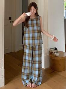 Livesso Women's Plaid Vest And Pants Pajama Set - Purple - View 7