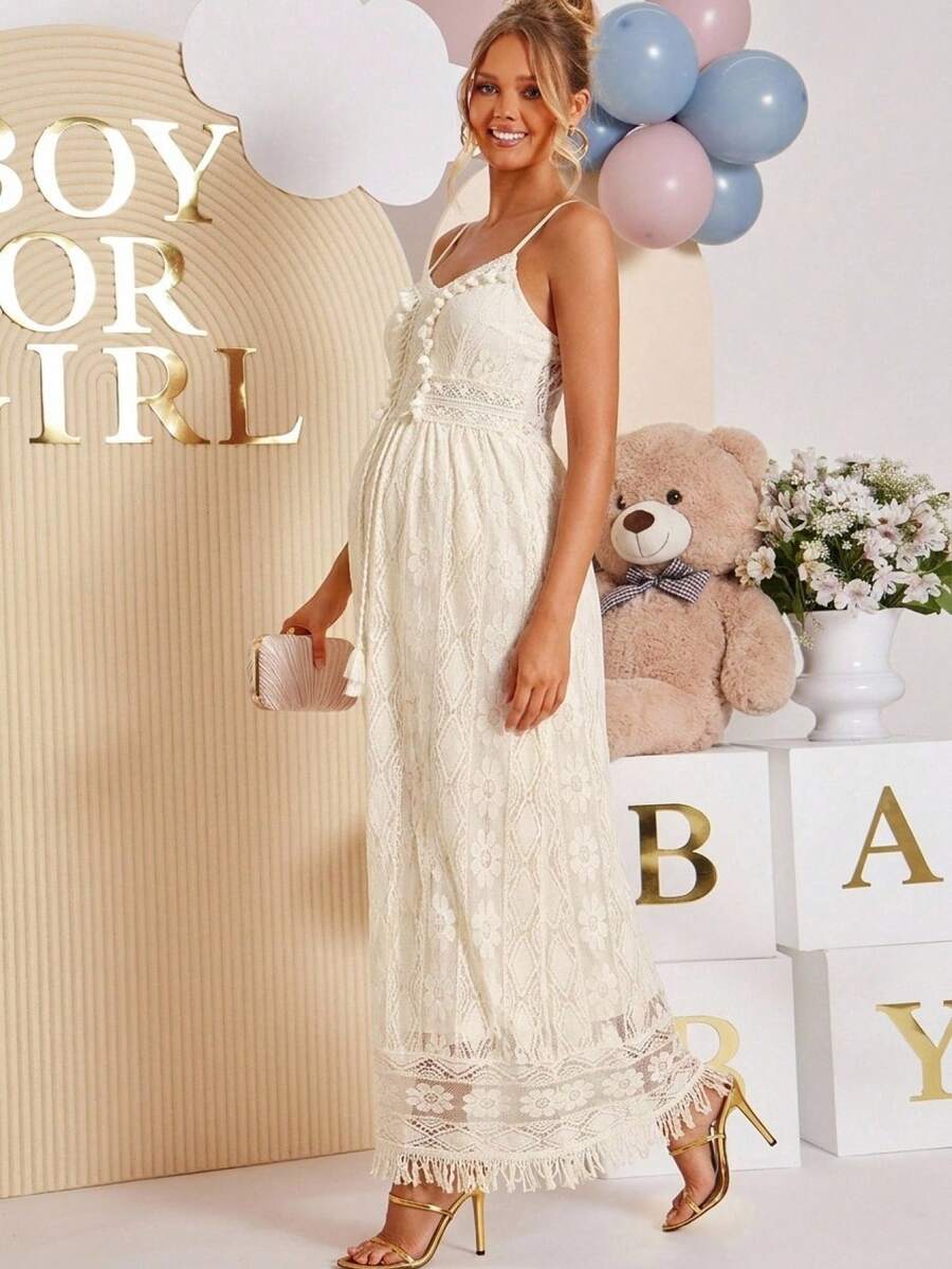 Loomaby 孕妇度假休闲纯色蕾丝流苏装饰吊带连衣裙 - 杏色 - 查看 1