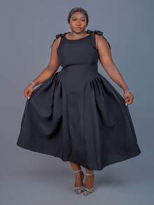 CurvyTilda Plus Size Crew Neck Sleeveless Bow Decor Waist Flare Hem Black Casual Christmas Dress, For Hourglass Body Shape - Black - View 7