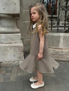 Dazy Kids Young Girl Colorblock Houndstooth Print Lapel Single-Breasted Ruffle Hem Dress Summer - Khaki - View 6