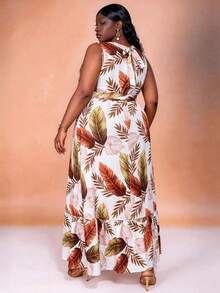 CurvyTilda Vestido plus size feminino com estampa de plantas, gola redonda, detalhe torcido na barra e sem mangas, ideal para o verão, praia, festas e ocasiões especiais, perfeito para o corpo ampulheta. - Multicolorido - Ver 2