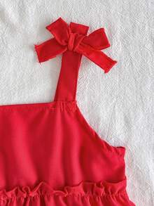 SHEIN Vintaside Kids 女婴夏季两件套，红色吊带背心搭配爱心刺绣牛仔短裤，适合户外玩耍、日常居家休闲、轻松运动、欢乐派对时光。 - 紅色 - 查看 8