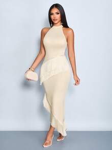 SOLERSUN Rochie elegantă de primăvară-vară, casual, de zi cu zi, culoare caisă, asimetrică, cu tiv zdrențuit, slim fit, rochie formală pentru petrecere, sărbători, ținute pentru femei, ținute de ieșire în oraș - Caisă - Vizualizare 6