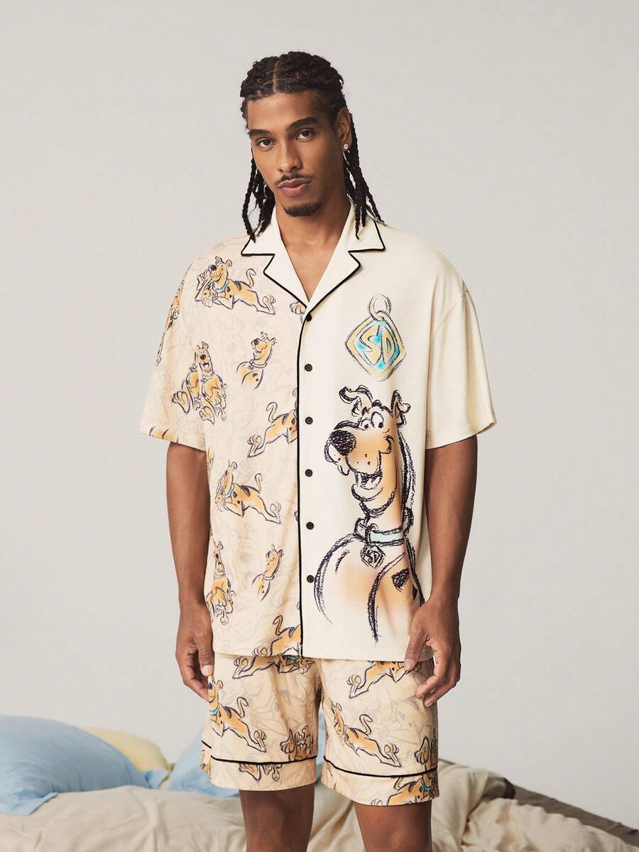 SCOOBY-DOO X SHEIN Men's Short Sleeve Single-Breasted Top And Shorts Pajama Set - Apricot - View 1