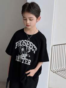 DAZY Kaos oblong polos berkerah bulat, longgar, bermotif untuk anak laki-laki usia praremaja, musim panas. - Hitam - View 6