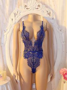 DelicateAllure Bộ jumpsuit nội y nữ màu xanh hải quân phối ren, xuyên thấu, hở đáy, cổ chữ V sâu, lãng mạn, thanh lịch, tối giản. - Màu xanh lam - Xem 6