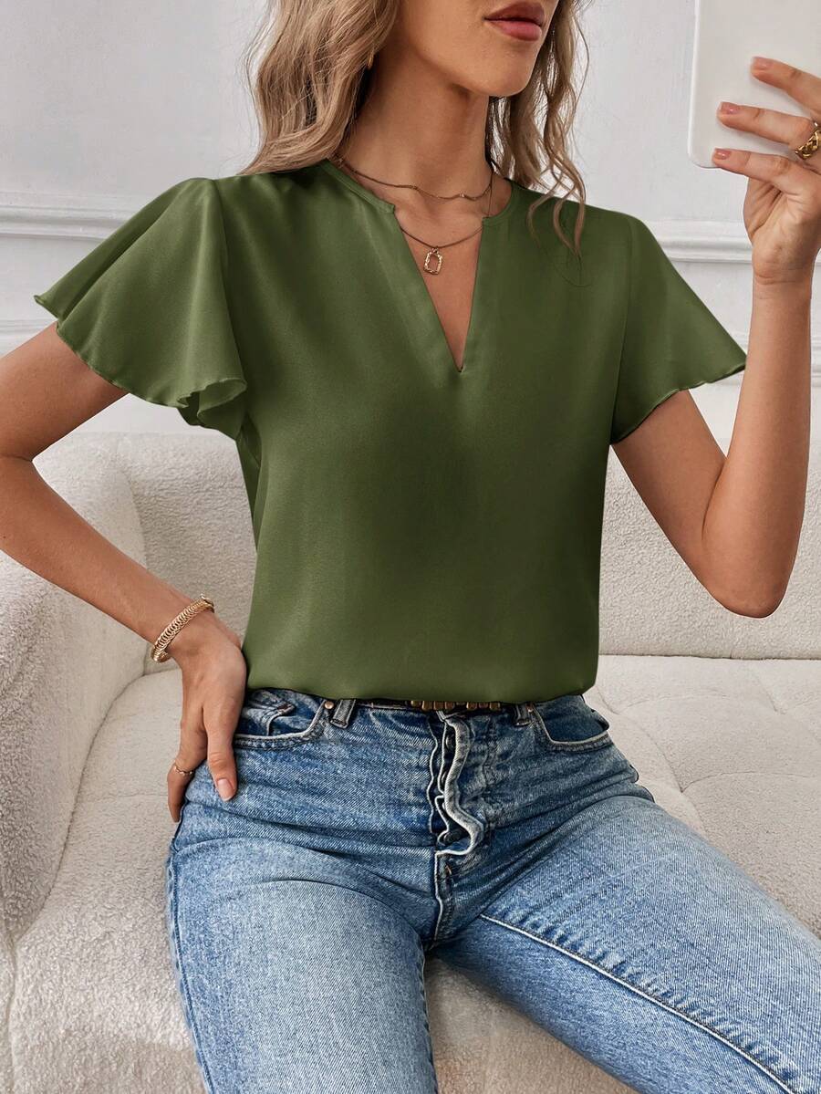 SHEIN Essnce Women's Casual V-Neck Ruffle Short Sleeve Blouse,Summer Top - Army Green - View 1