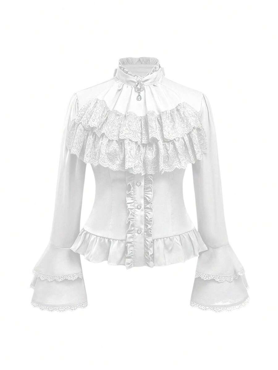 ROMWE Goth Blusa/camisa para mujer de talla grande con cuello de volantes desmontable estilo gótico vintage del Renacimiento, con pendiente de diamante barroco, puños acampanados y cintura entallada - Blanco - Ver 1