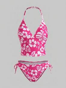 Bộ đồ bơi tankini cổ yếm và tankini tam giác in hoa mùa hè dành cho bé gái tuổi teen. - Màu Hồng Tươi - Xem 3