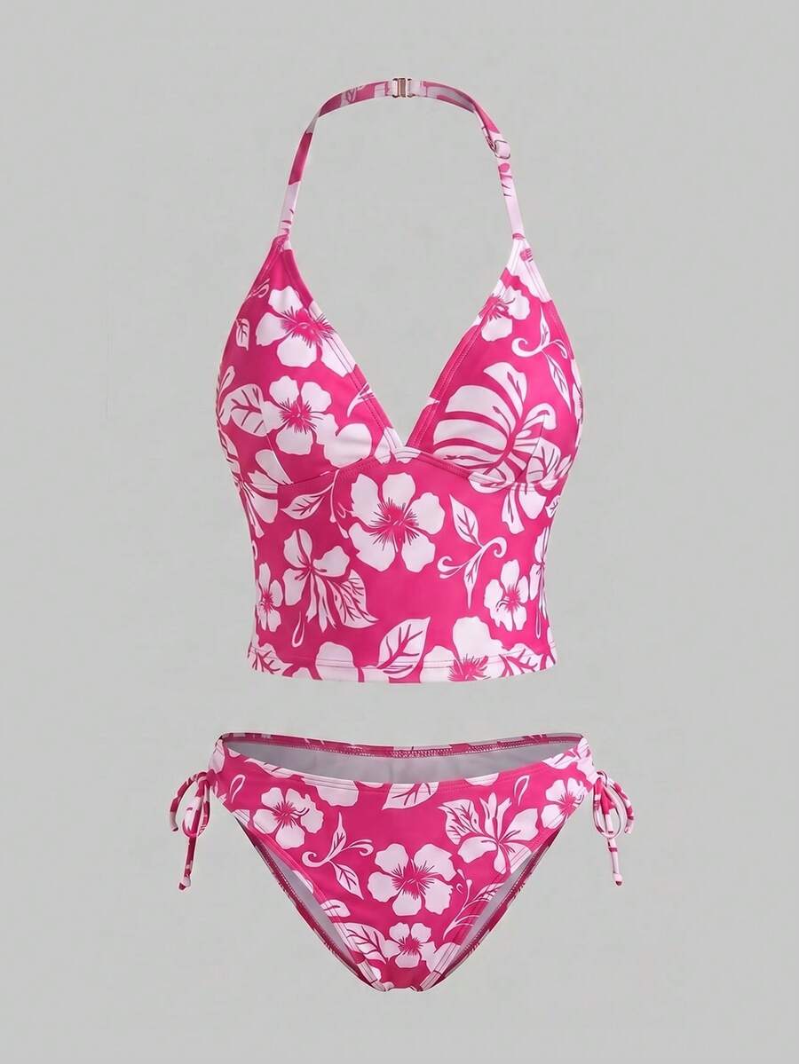 Tween Girl Summer Beach Floral Print Halter Tankini And Triangle Tankini Swimsuit Set - Hot Pink - View 1