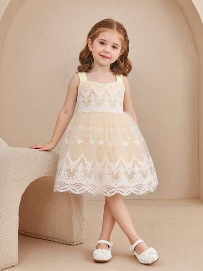 SHEIN Glamorique Kids Baby Girls' Princess Dress, Champagne Tulle Dress, Spaghetti Strap Dress, Flower Girl, Birthday Party, Wedding, Sleeveless, Embroidered Floral Trim, Back Bow