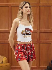 HARRY POTTER X SHEIN Women's Comfortable Cartoon Portrait Pattern Camisole And Shorts Pajama Set, Summer - Red and White - View 5