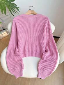 SHEIN EZwear 大码浅粉色休闲日常罗纹针织纽扣开衫 - 淺粉色 - 查看 2