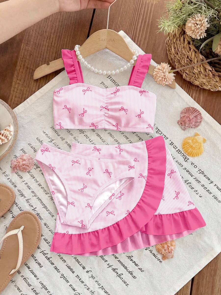 Young Girl's Pink Cute Sweet Mini Bow Print Pattern, Pink Striped Contrast Color, Ballerina Style, Young Girl Swimwear Set With Cover-Up Skirt - White - View 1